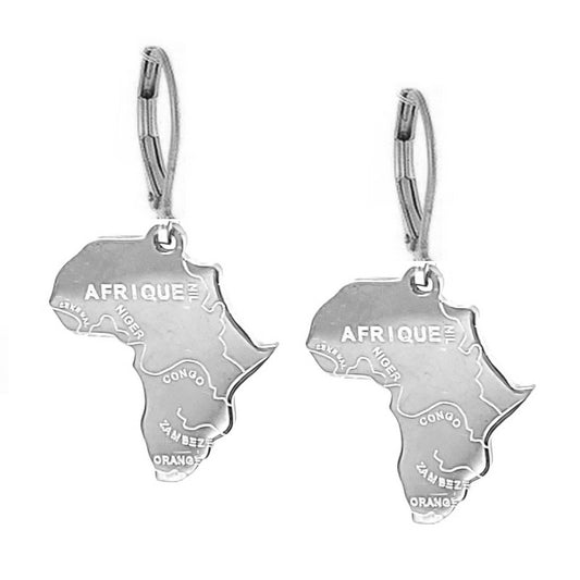 Boucles d'oreilles acier inoxydable carte d'Afrique argentée
