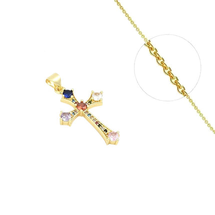 Collier chaîne et pendentif croix zirconiums couleurs sertis Colliers plaqué or Bijouxmode