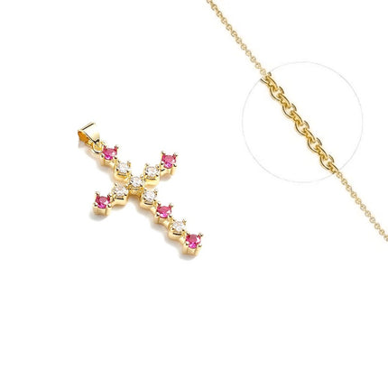 Collier doré chaîne et pendentif croix oxydes de couleurs rouge et blanc Colliers plaqué or Bijouxmode