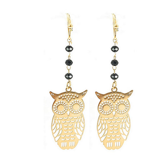 Fancy gold owl drop earrings