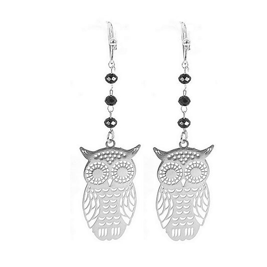 Fancy silver owl drop earrings