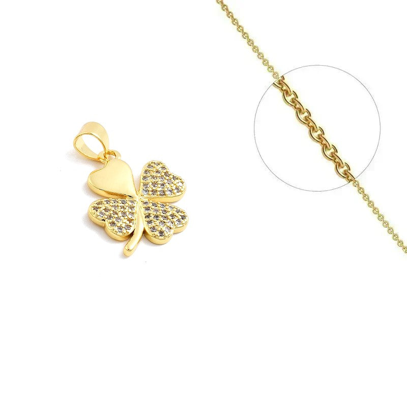 Gold chain necklace and clover pendant set with zirconiums