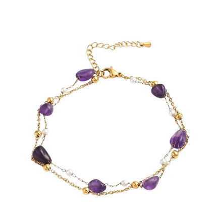 Chaîne de cheville en acier inoxydable double rangs pierres naturelles améthyste Bijouxmode