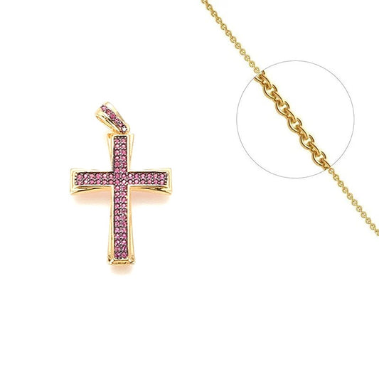 Collier chaîne et pendentif croix religieuse diamants CZ sertis fushia