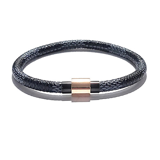 Gray/black leather stainless steel bracelet