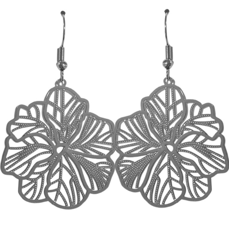 Boucles d'oreilles fantaisie filigrane feuille argentée