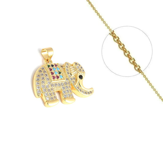 Gold chain necklace and elephant pendant with set colored zirconiums