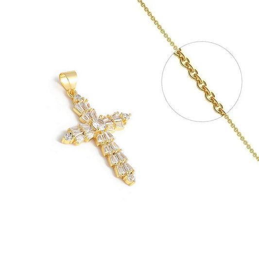 Gold chain necklace and cross pendant set with zirconiums