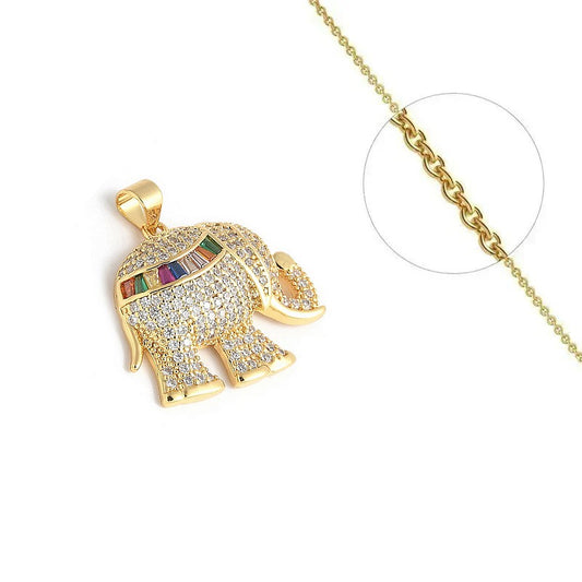 Gold chain necklace and elephant pendant with set colored zirconiums