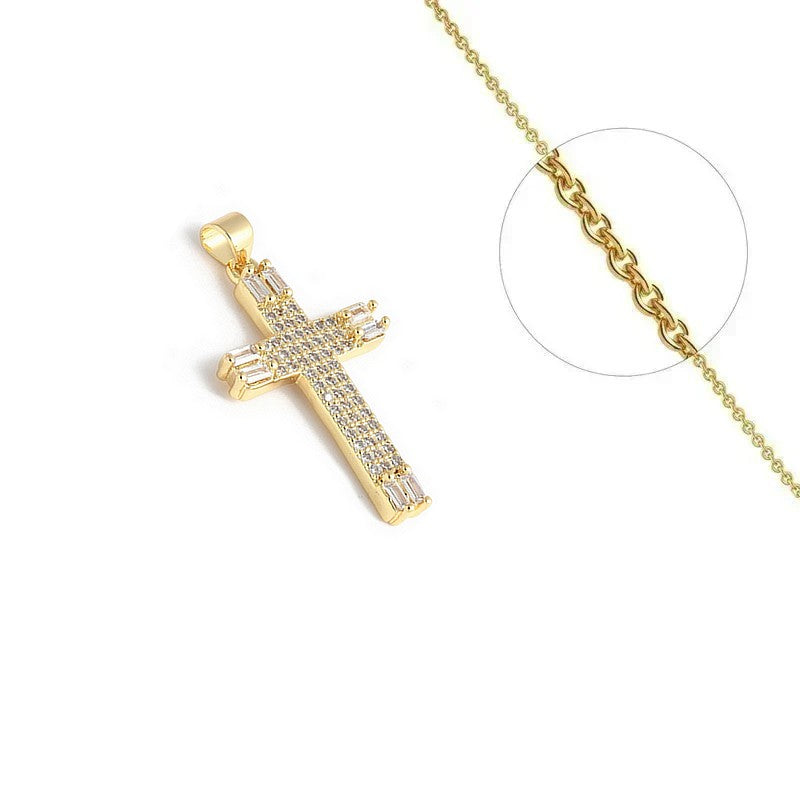 Gold chain necklace and cross pendant set with zirconiums