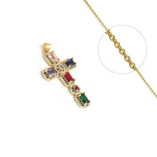 Gold necklace chain and cross pendant with set colored zirconiums