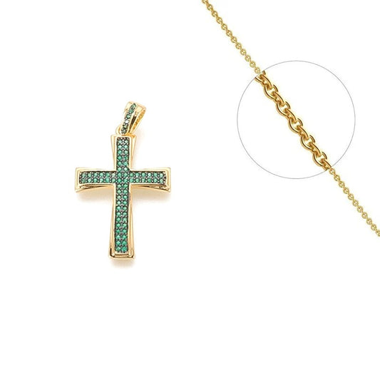 Collier chaîne et pendentif croix religieuse diamants CZ sertis vert