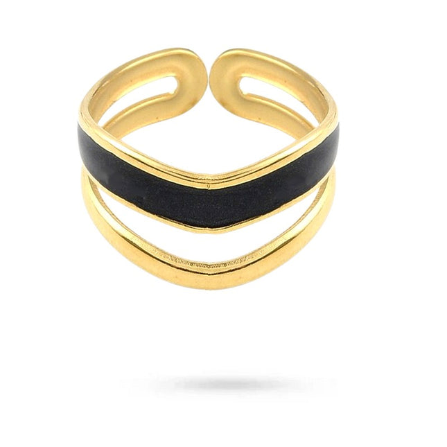 Bague acier inoxydable dorée double rang émail noir Bijouxmode