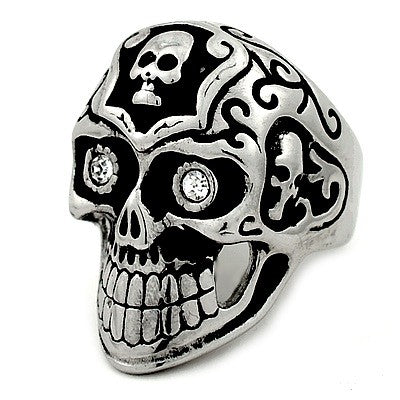 316 Steel Ring - Silver color - Rhinestone skull