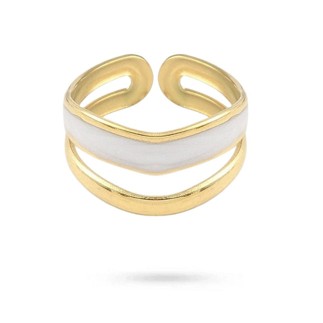 Bague acier inoxydable dorée double rang émail blanc Bijouxmode