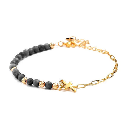 Bracelet pour femme - perles naturelles agate breloque croix Bracelets plaqué or Bijouxmode