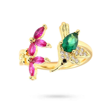Bague femme réglable oiseau fleur sertis d'oxydes de couleurs Bagues plaqué or Bijouxmode