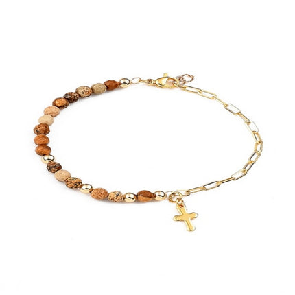 Bracelet pour femme - perles naturelles jaspe breloque croix Bracelets plaqué or Bijouxmode