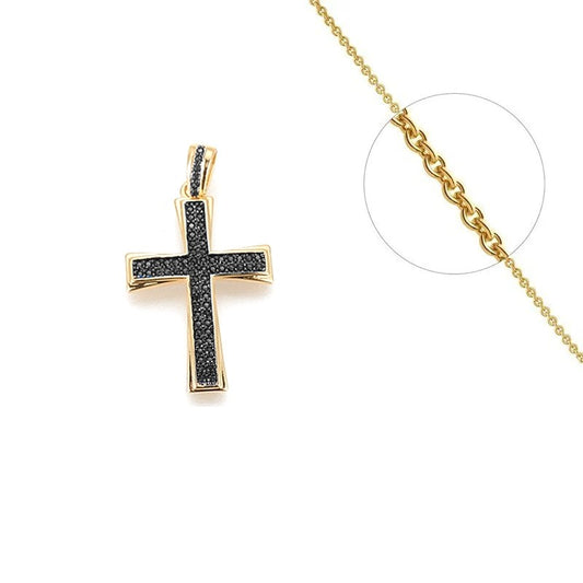 Collier chaîne et pendentif croix religieuse diamants CZ sertis noir