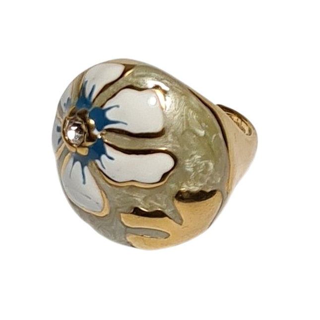 Gold stainless steel ring with green and white enamel flower