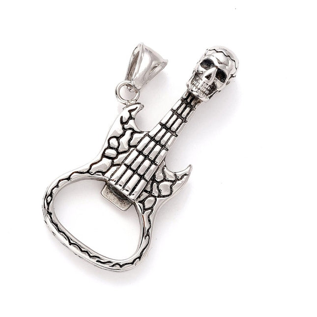 Colgante de acero inoxidable 316 Gothic Rock o Biker - guitarra calavera con cordón de cuero