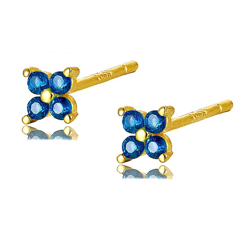 Boucles d'oreilles argent 925 or fleur diamant CZ bleu