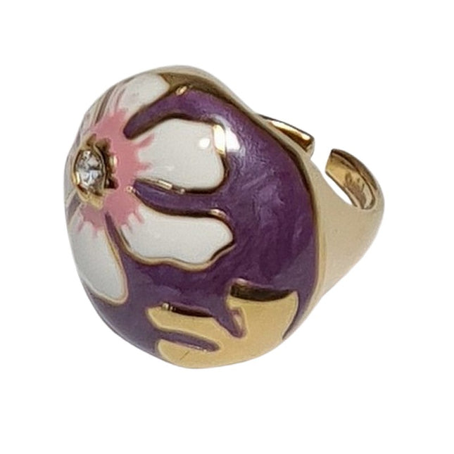 Gold stainless steel ring with purple and white enamel flower