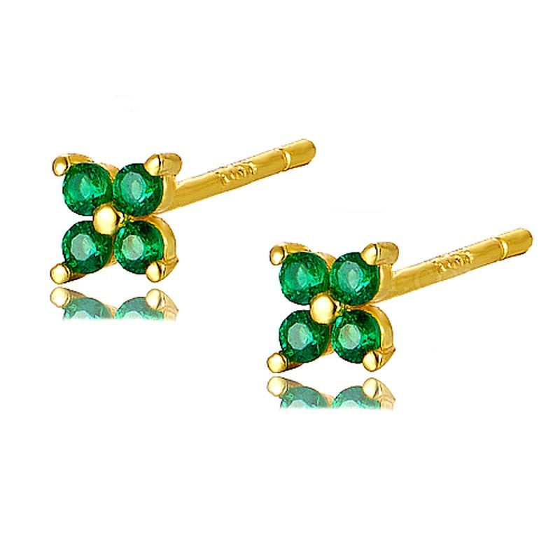 Boucles d'oreilles argent 925 or fleur diamant CZ vert