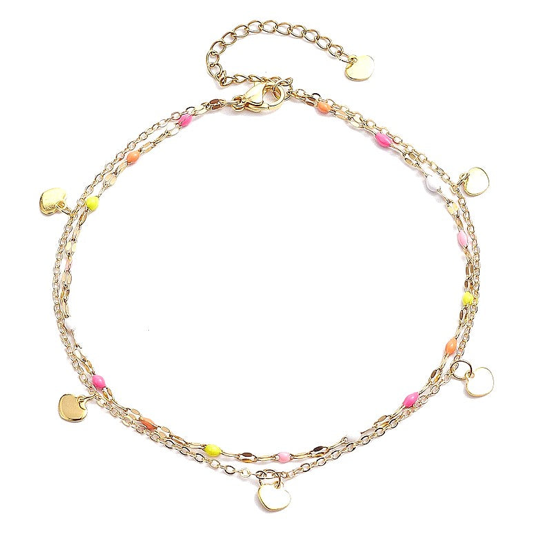 Colorful stainless steel ankle chain with heart charms