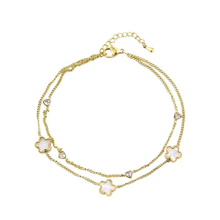 Chaîne de cheville en acier inoxydable double rangs breloque coquille de nacre et zirconiums Bijouxmode