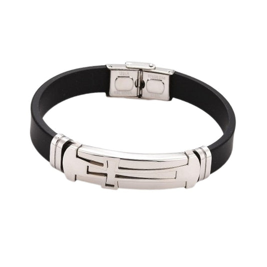 Stainless steel black leather cross bracelet