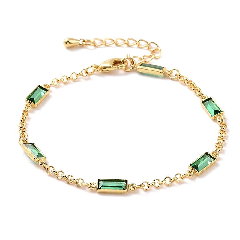 Pulsera suave de oro con diamantes y circonitas rectangulares verdes