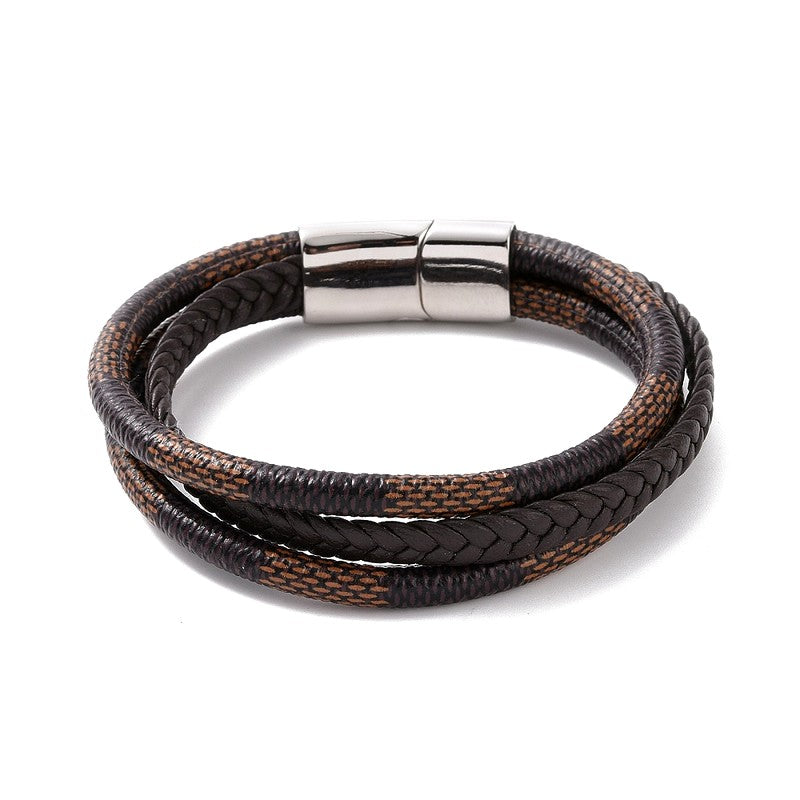 Bracelet acier inoxydable 3 rangs cuir marron