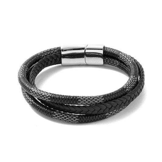 Bracelet acier inoxydable 3 rangs cuir gris