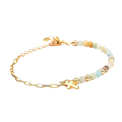 Pulsera de mujer con piedras naturales de amazonita y charm de cruz