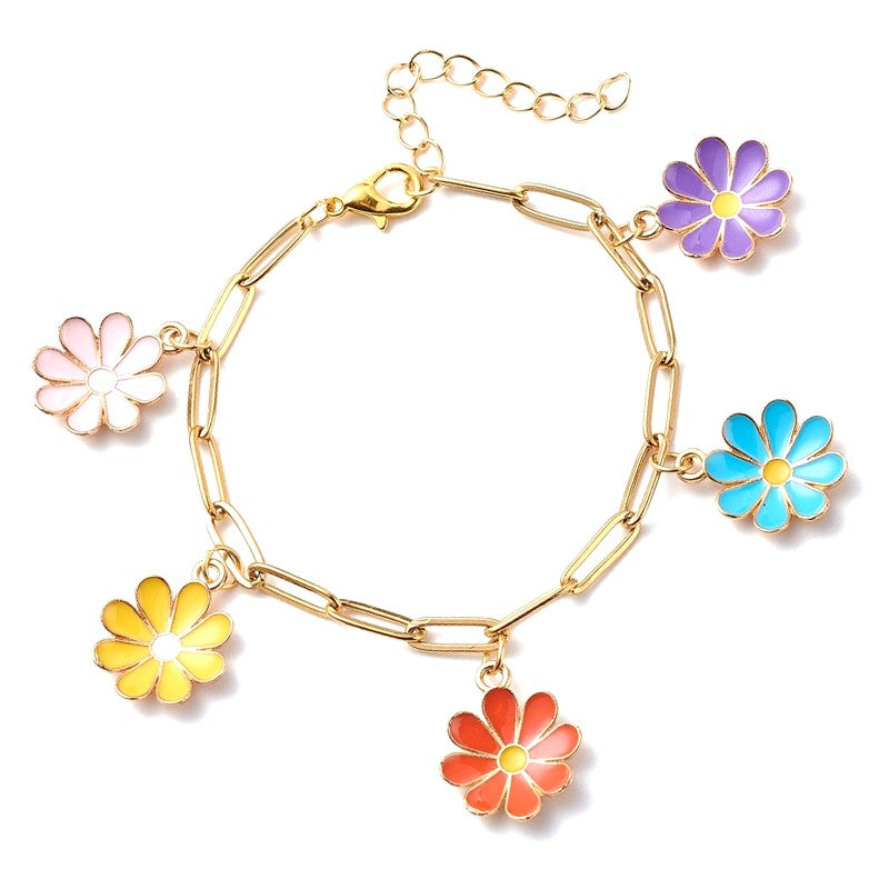 Bracelet acier inoxydable chaîne trombone fleurs colorées