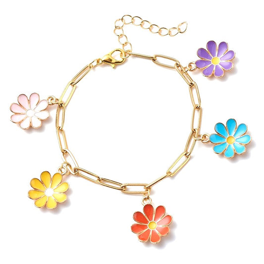 Stainless steel bracelet with colorful flowers paper clip chain