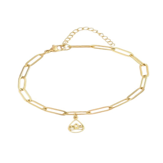 Bracelet pour femme - souple avec breloque lotus acier doré or 18k