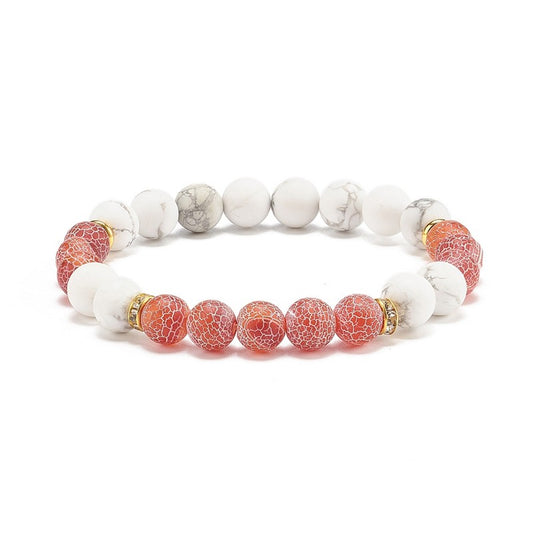 Bracelet pour homme ou femme - Pierres naturelles agate patinée rouge et howlite