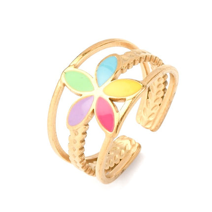 Bague acier inoxydable réglable argentée motif floral émail coloré