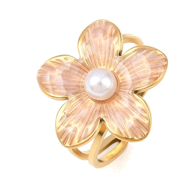 Bague acier inoxydable réglable dorée motif fleur avec perle