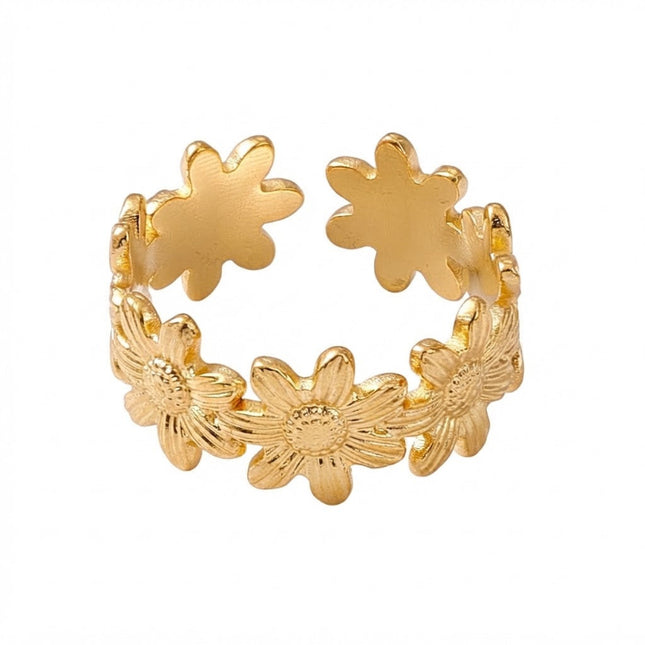 Bague acier inoxydable réglable dorée motif floral or