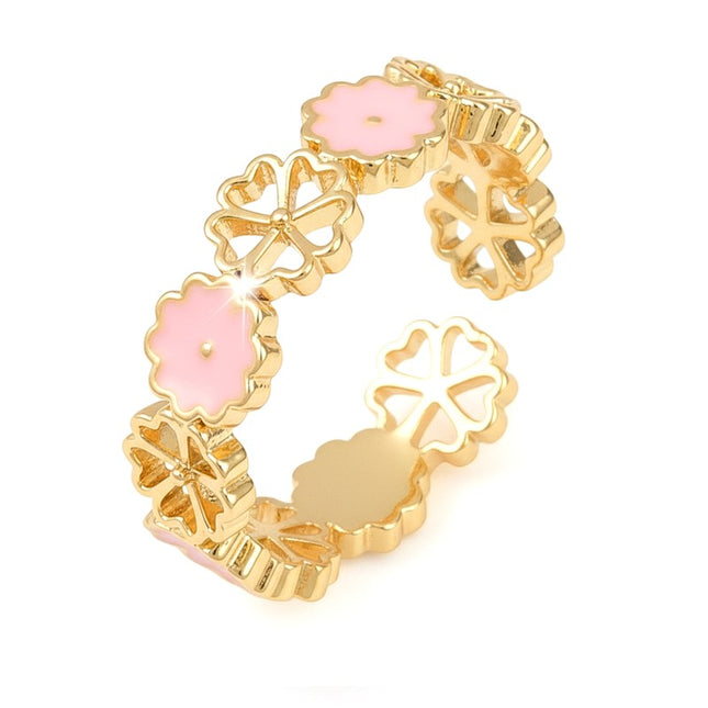 Bague acier inoxydable réglable dorée motif floral or et rose