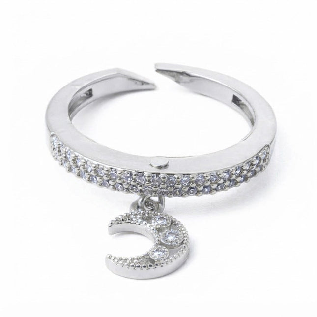 Bague femme réglable breloque lune ornée de zirconiums sertis
