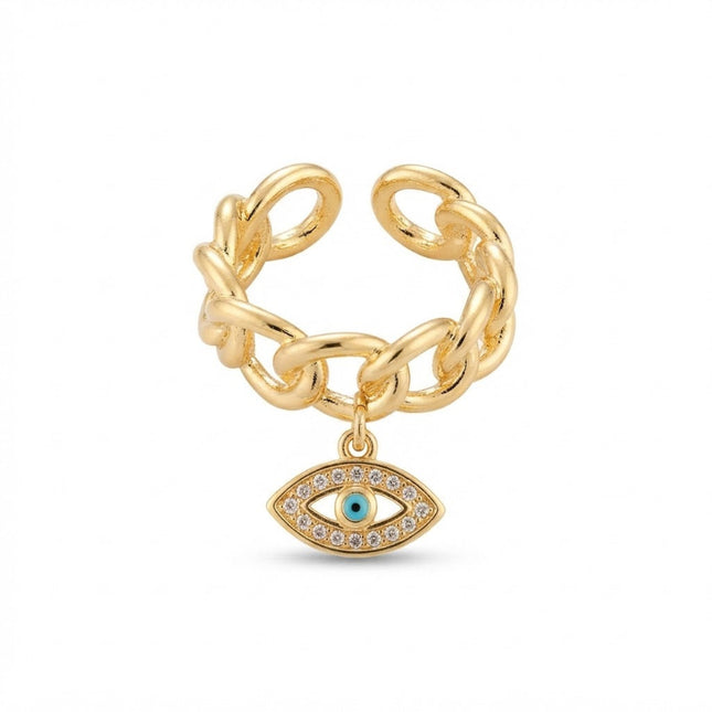 Bague femme réglable breloque oeil oriental ornée de zirconiums sertis
