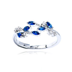 Bague femme réglable ornée de feuilles oxydes bleu et blanc