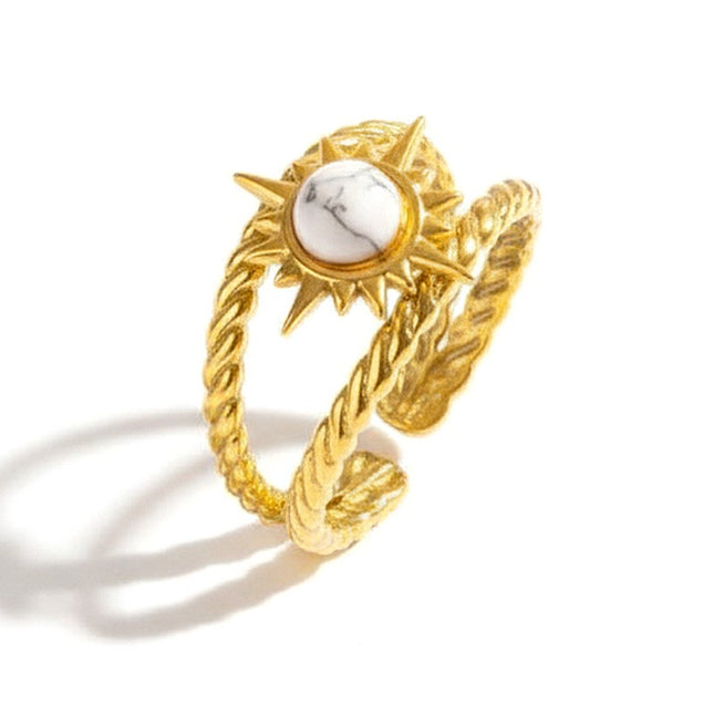 Bagues pour femme soleil acier inoxydable doré pierre naturelle howlite Bagues pierres naturelles Bijouxmode