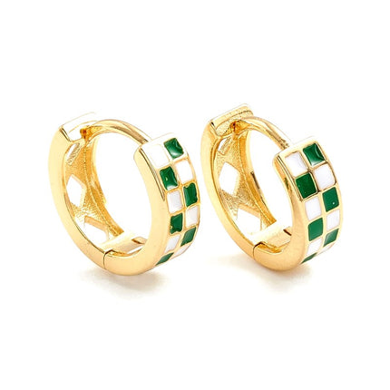 Boucles d'oreilles Créoles damier vert et blanc doré à l'or fin