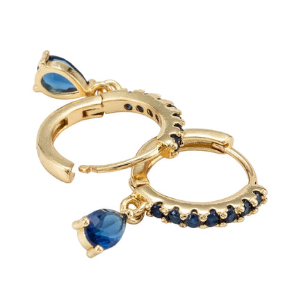 Boucles d'oreilles Créoles dorées à l'or fin larme bleu zirconiums sertis