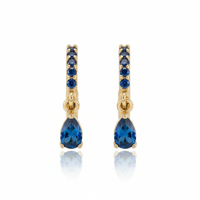 Boucles d'oreilles Créoles dorées à l'or fin larme bleu zirconiums sertis